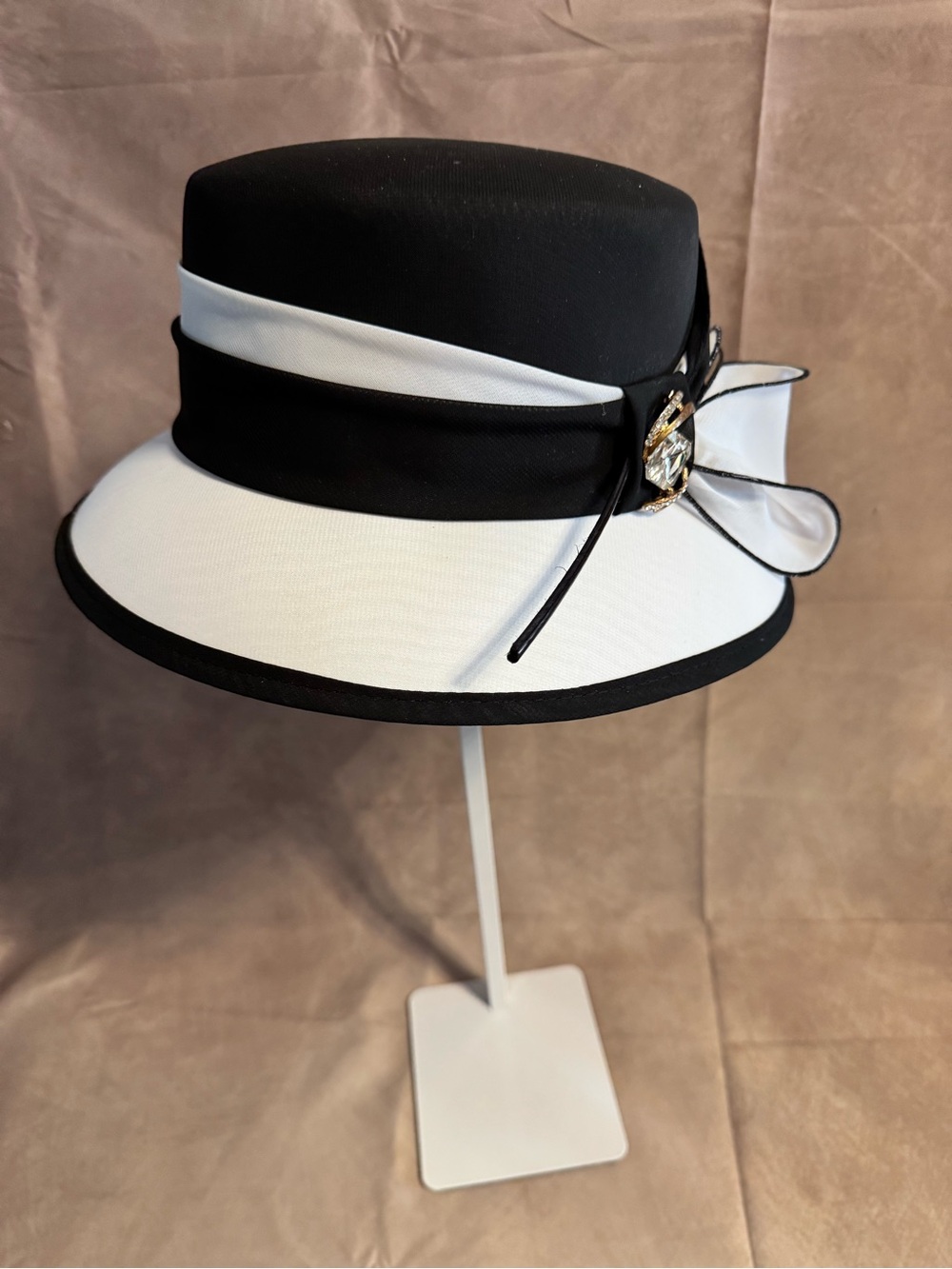 June’s Young Black & White Cloche Dress Hat Rhinestone Bow Feather Church Hat